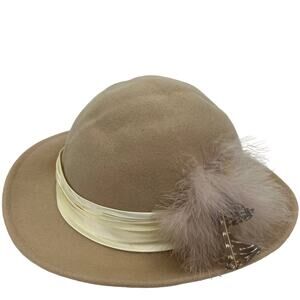 Doeskin Geo W Bollman & Co Felt Wool Hat Made in USA Vintage Beige Feather